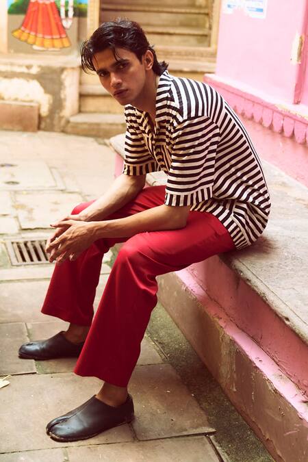 Dash And Dot_Black Cotton Striped Pattern Organic Shirt_at_Aza_Fashions