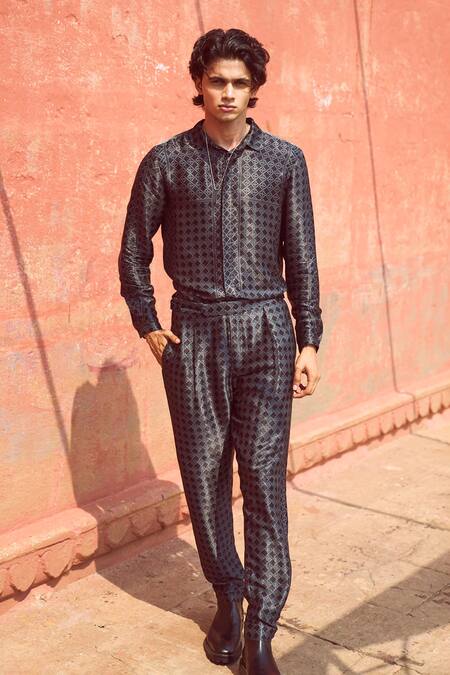 Shop_Dash And Dot_Black Viscose Rattan Woven Pattern Shirt _Online_at_Aza_Fashions