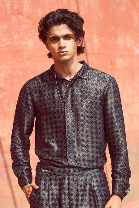 Dash And Dot_Black Viscose Rattan Woven Pattern Shirt _at_Aza_Fashions