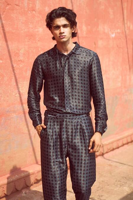 Buy Dash And Dot Black Viscose Embroidery Rattan Woven Pattern Shirt And Pant Set Buy_Dash And Dot_Black Viscose Embroidery Rattan Woven Pattern Shirt And Pant Set