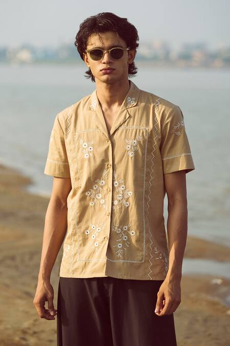 Dash And Dot_Brown Cotton Embroidery Organic Shirt _Online_at_Aza_Fashions