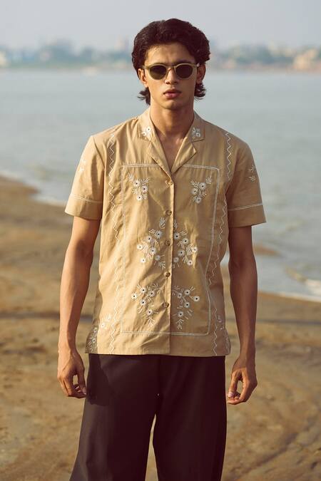 Buy_Dash And Dot_Brown Cotton Embroidery Organic Shirt _Online_at_Aza_Fashions