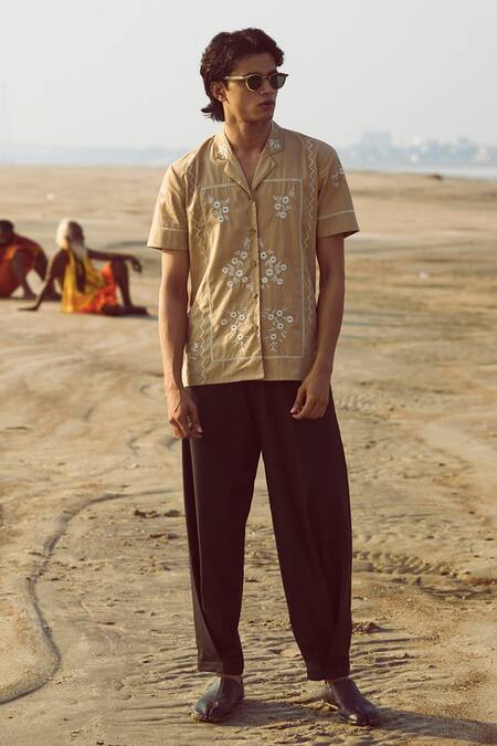 Shop_Dash And Dot_Brown Cotton Embroidery Organic Shirt _Online_at_Aza_Fashions