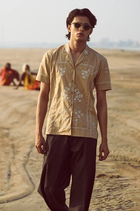 Dash And Dot_Brown Cotton Embroidery Organic Shirt _at_Aza_Fashions