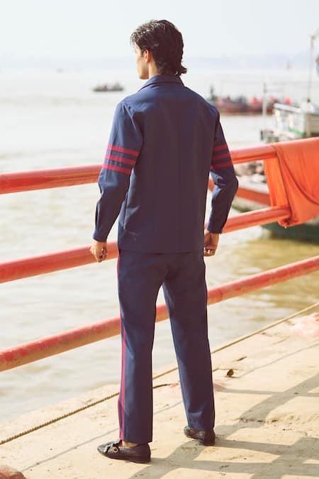 Shop Dash And Dot Blue Polyester, Viscose, Lycra Striped Pattern Shirt And Pant Set at Aza Fashions Shop_Dash And Dot_Blue Polyester, Viscose, Lycra Striped Pattern Shirt And Pant Set _at_Aza_Fashions