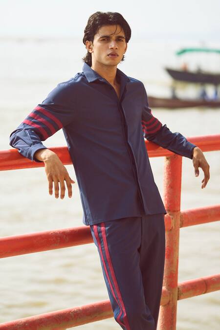 Buy Dash And Dot Blue Polyester, Viscose, Lycra Striped Pattern Shirt And Pant Set Online at Aza Fashions Buy_Dash And Dot_Blue Polyester, Viscose, Lycra Striped Pattern Shirt And Pant Set _Online_at_Aza_Fashions