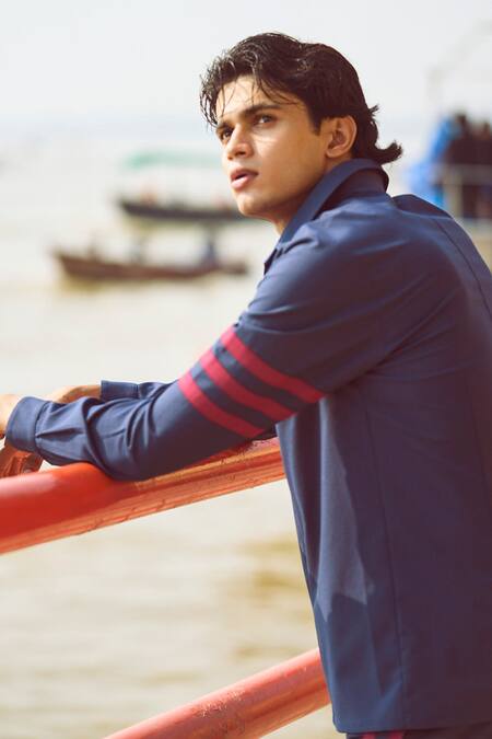 Shop Dash And Dot Blue Polyester, Viscose, Lycra Striped Pattern Shirt And Pant Set Online at Aza Fashions Shop_Dash And Dot_Blue Polyester, Viscose, Lycra Striped Pattern Shirt And Pant Set _Online_at_Aza_Fashions