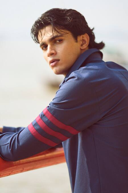 Dash And Dot Blue Polyester, Viscose, Lycra Striped Pattern Shirt And Pant Set at Aza Fashions Dash And Dot_Blue Polyester, Viscose, Lycra Striped Pattern Shirt And Pant Set _at_Aza_Fashions