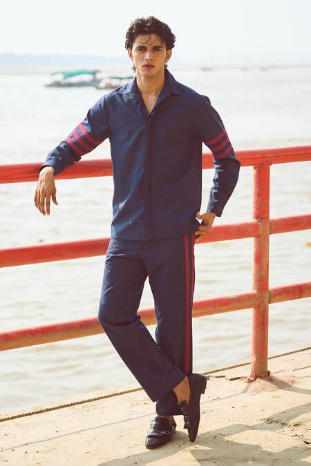 Buy Dash And Dot Blue Polyester, Viscose, Lycra Striped Pattern Shirt And Pant Set Buy_Dash And Dot_Blue Polyester, Viscose, Lycra Striped Pattern Shirt And Pant Set