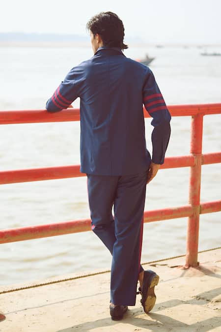 Shop Dash And Dot Blue Polyester, Viscose, Lycra Striped Pattern Pant at Aza Fashions Shop_Dash And Dot_Blue Polyester, Viscose, Lycra Striped Pattern Pant _at_Aza_Fashions