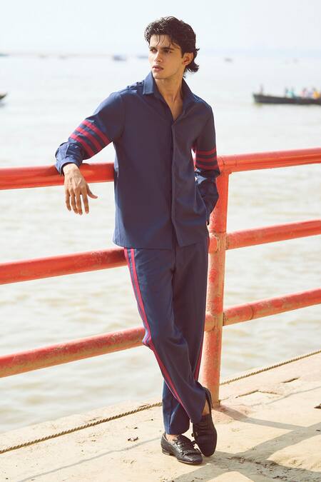 Dash And Dot Blue Polyester, Viscose, Lycra Striped Pattern Pant Online at Aza Fashions Dash And Dot_Blue Polyester, Viscose, Lycra Striped Pattern Pant _Online_at_Aza_Fashions