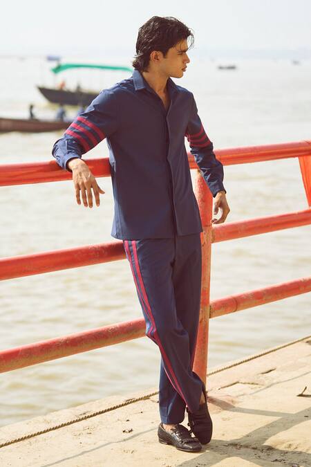 Buy Dash And Dot Blue Polyester, Viscose, Lycra Striped Pattern Pant Online at Aza Fashions Buy_Dash And Dot_Blue Polyester, Viscose, Lycra Striped Pattern Pant _Online_at_Aza_Fashions