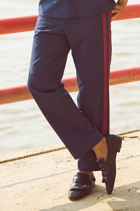 Shop Dash And Dot Blue Polyester, Viscose, Lycra Striped Pattern Pant Online at Aza Fashions Shop_Dash And Dot_Blue Polyester, Viscose, Lycra Striped Pattern Pant _Online_at_Aza_Fashions