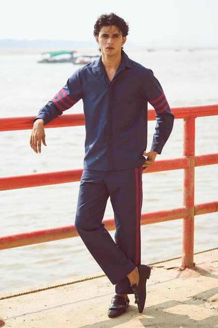 Dash And Dot Blue Polyester, Viscose, Lycra Striped Pattern Pant at Aza Fashions Dash And Dot_Blue Polyester, Viscose, Lycra Striped Pattern Pant _at_Aza_Fashions