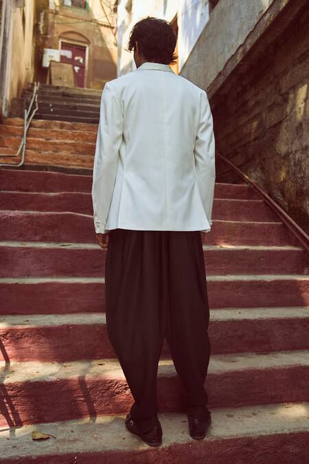 Shop_Dash And Dot_White Polyester, Viscose, Lycra Solid Full Sleeve Tuxedo _at_Aza_Fashions
