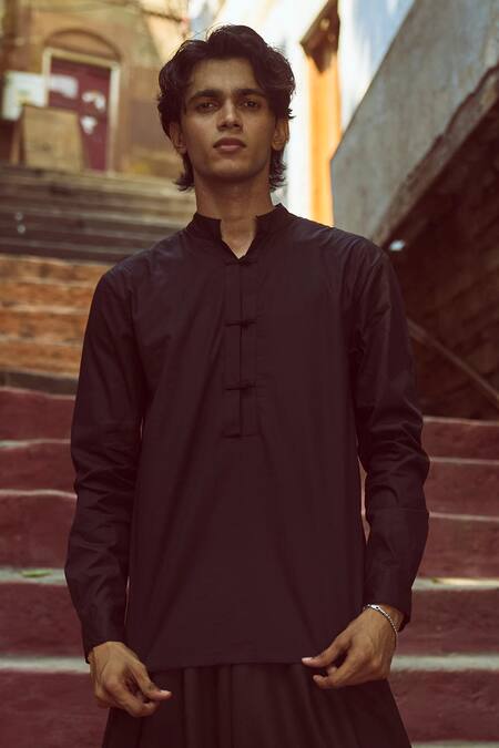 Dash And Dot_White Polyester, Viscose, Lycra Black Full Sleeve Kurta Pant Set _Online_at_Aza_Fashions