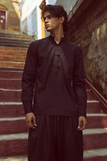 Buy_Dash And Dot_Black Cotton, Polyester, Viscose, Lycra Solid Shirt And Cowl Pant Set _Online_at_Aza_Fashions