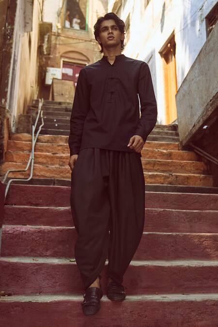 Shop_Dash And Dot_Black Cotton, Polyester, Viscose, Lycra Solid Shirt And Cowl Pant Set _Online_at_Aza_Fashions