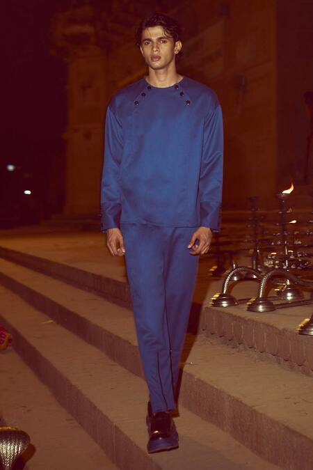 Shop_Dash And Dot_Blue Cotton, Polyester, Viscose, Lycra Full Sleeve Solid Shirt And Pant Set _Online_at_Aza_Fashions