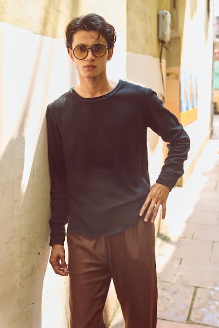 Dash And Dot_Black Cotton, Rayon High Low T-shirt And Brown Pant Set _Online_at_Aza_Fashions