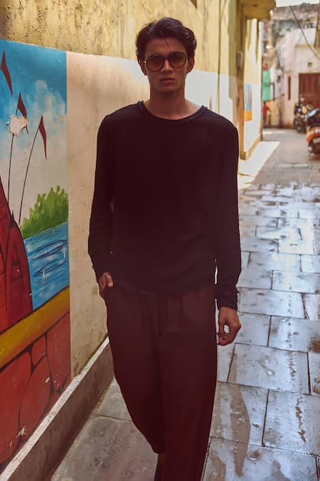 Buy_Dash And Dot_Black Cotton, Rayon High Low T-shirt And Brown Pant Set _Online_at_Aza_Fashions