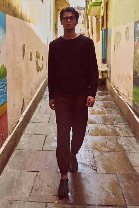 Shop_Dash And Dot_Black Cotton, Rayon High Low T-shirt And Brown Pant Set _Online_at_Aza_Fashions