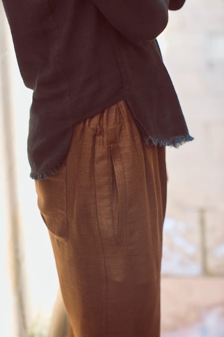 Dash And Dot_Black Cotton, Rayon High Low T-shirt And Brown Pant Set _at_Aza_Fashions