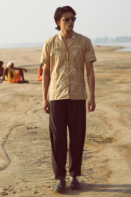 Dash And Dot_Black Polyester, Viscose, Lycra Side Pleat Pant _at_Aza_Fashions