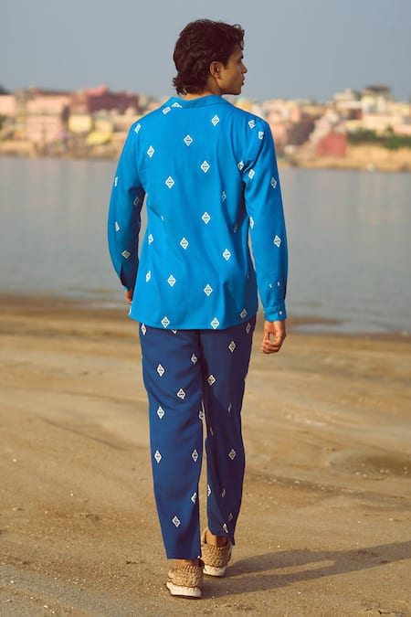Shop_Dash And Dot_Blue Viscose Ikkat Motif Print Shirt _at_Aza_Fashions