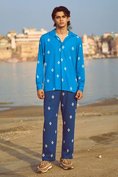 Shop_Dash And Dot_Blue Viscose Ikkat Motif Print Shirt _Online_at_Aza_Fashions