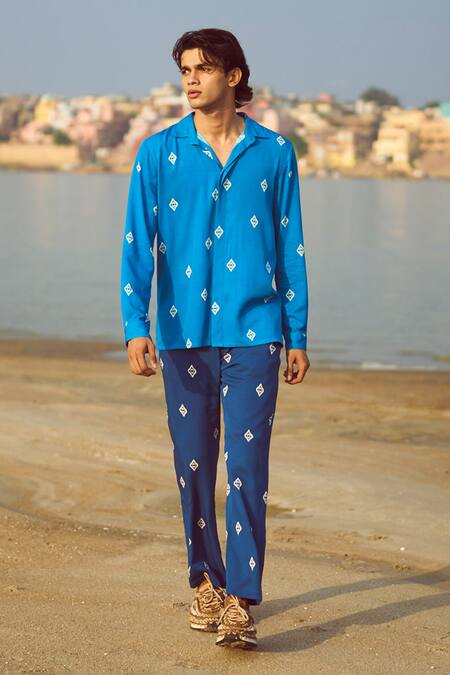 Dash And Dot_Blue Viscose Ikkat Motif Print Shirt _at_Aza_Fashions