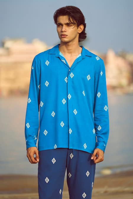 Buy_Dash And Dot_Blue Viscose Ikkat Shirt With Pant_Online_at_Aza_Fashions