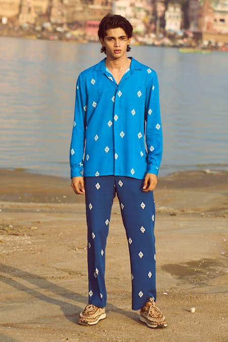 Dash And Dot_Blue Viscose Ikkat Motif Print Pant _Online_at_Aza_Fashions