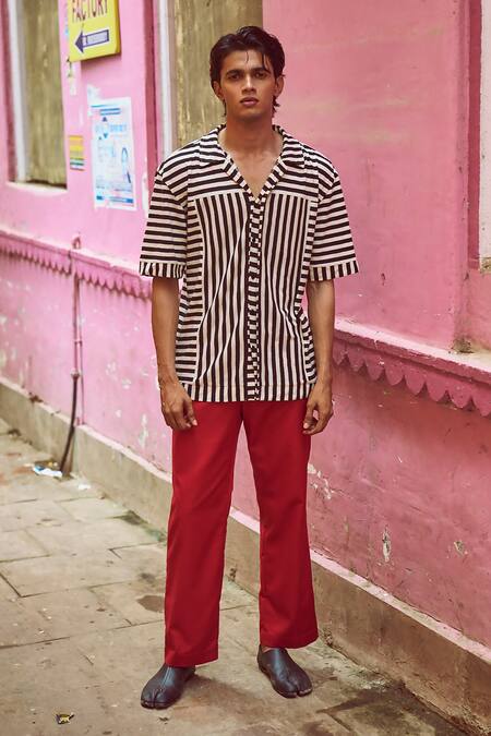 Dash And Dot_Red 72% Polyester Solid Straight Pant  _Online_at_Aza_Fashions