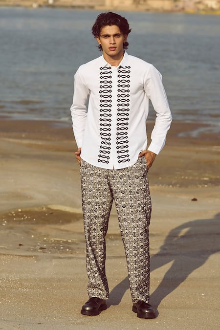 Dash And Dot_Multi Color Cotton Embroidery Motif Woven Jacquard Pant _Online_at_Aza_Fashions