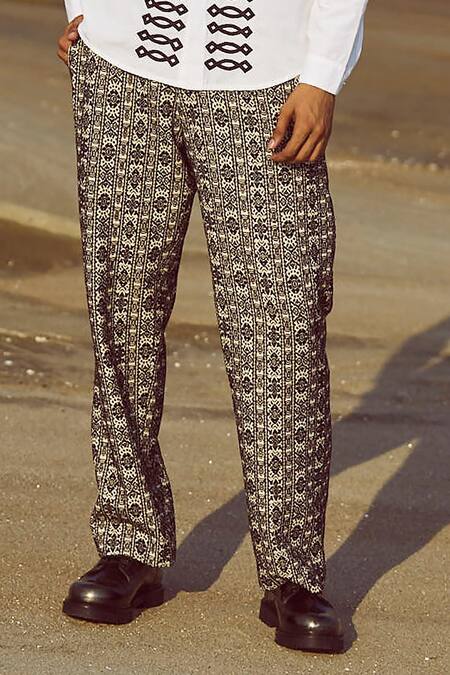 Buy_Dash And Dot_Multi Color Cotton Embroidery Motif Woven Jacquard Pant _Online_at_Aza_Fashions