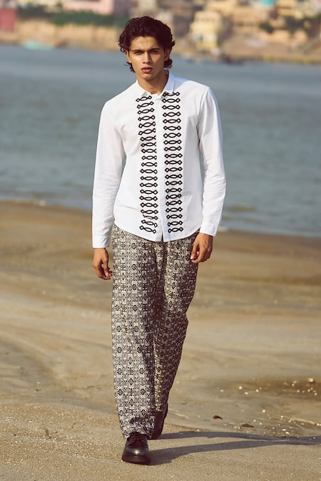 Shop_Dash And Dot_Multi Color Cotton Embroidery Motif Woven Jacquard Pant _Online_at_Aza_Fashions