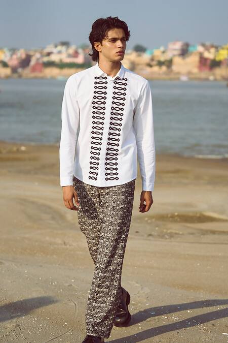 Dash And Dot_Multi Color Cotton Embroidery Motif Woven Jacquard Pant _at_Aza_Fashions