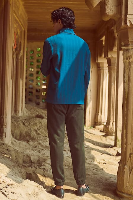 Shop Dash And Dot Blue Polyester Textured Shadow Stripe Shirt With Jogger Pant at Aza Fashions Shop_Dash And Dot_Blue Polyester Textured Shadow Stripe Shirt With Jogger Pant _at_Aza_Fashions