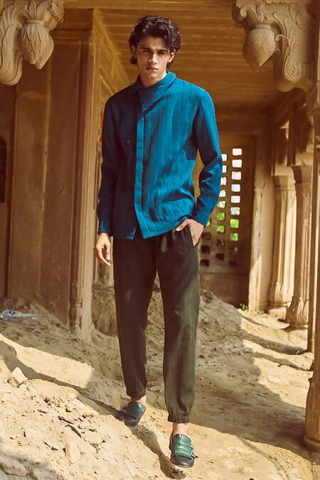 Dash And Dot Blue Polyester Textured Shadow Stripe Shirt With Jogger Pant Online at Aza Fashions Dash And Dot_Blue Polyester Textured Shadow Stripe Shirt With Jogger Pant _Online_at_Aza_Fashions