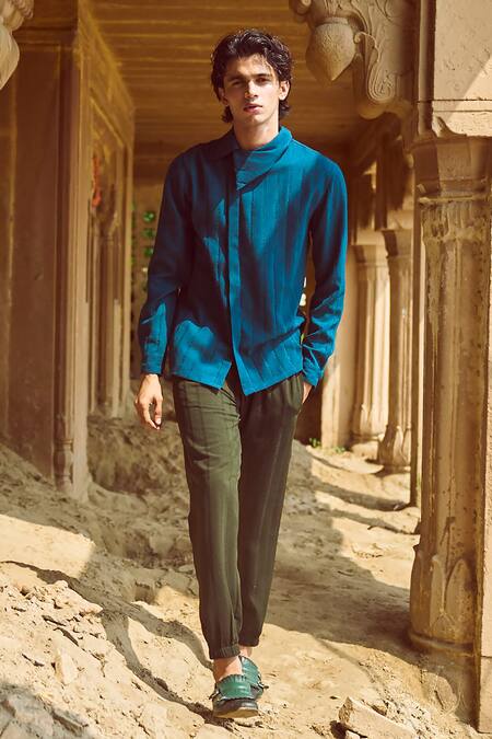 Buy Dash And Dot Blue Polyester Textured Shadow Stripe Shirt With Jogger Pant Online at Aza Fashions Buy_Dash And Dot_Blue Polyester Textured Shadow Stripe Shirt With Jogger Pant _Online_at_Aza_Fashions