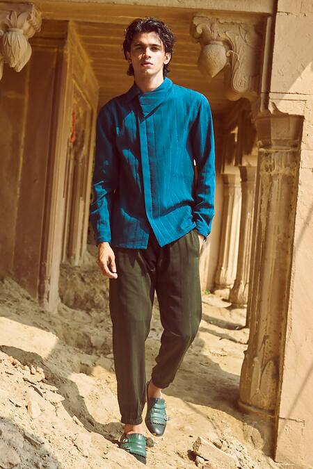 Dash And Dot Blue Polyester Textured Shadow Stripe Shirt With Jogger Pant at Aza Fashions Dash And Dot_Blue Polyester Textured Shadow Stripe Shirt With Jogger Pant _at_Aza_Fashions