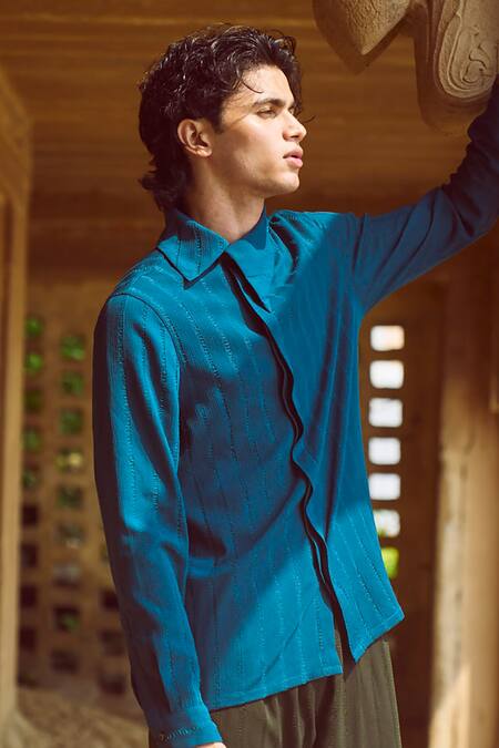 Buy Dash And Dot Blue Polyester Textured Shadow Stripe Shirt With Jogger Pant Buy_Dash And Dot_Blue Polyester Textured Shadow Stripe Shirt With Jogger Pant