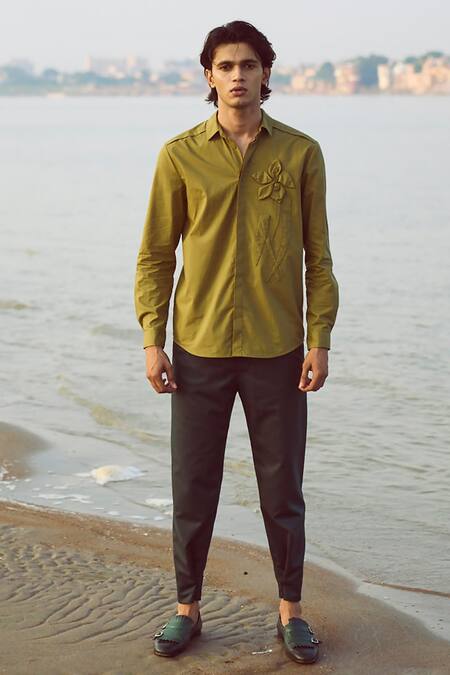 Dash And Dot_Green Cotton Embroidery 3d Bloom Applique Shirt _Online_at_Aza_Fashions
