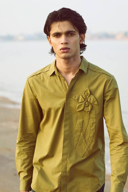 Buy_Dash And Dot_Green Cotton Embroidery 3d Bloom Applique Shirt _Online_at_Aza_Fashions