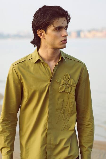 Shop_Dash And Dot_Green Cotton Embroidery 3d Bloom Applique Shirt _Online_at_Aza_Fashions