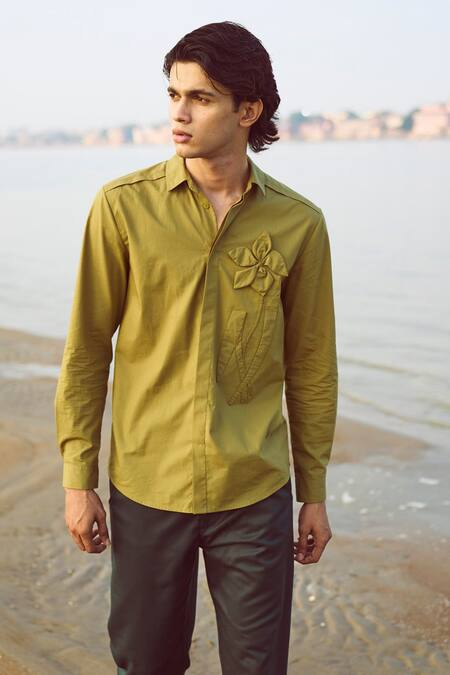 Dash And Dot_Green Cotton Embroidery 3d Bloom Applique Shirt _at_Aza_Fashions