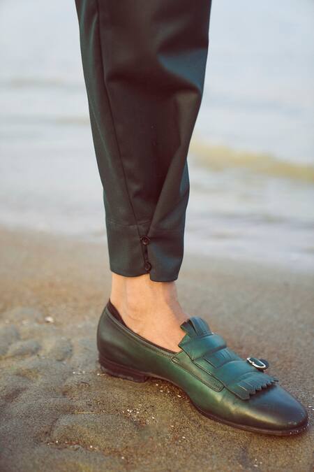 Dash And Dot Green Polyester, Viscose, Lycra Buttoned Cuff Pant Online at Aza Fashions Dash And Dot_Green Polyester, Viscose, Lycra Buttoned Cuff Pant _Online_at_Aza_Fashions