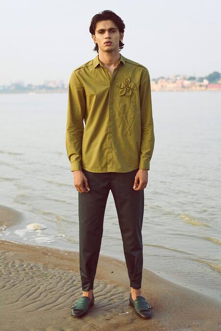 Dash And Dot Green Polyester, Viscose, Lycra Buttoned Cuff Pant at Aza Fashions Dash And Dot_Green Polyester, Viscose, Lycra Buttoned Cuff Pant _at_Aza_Fashions