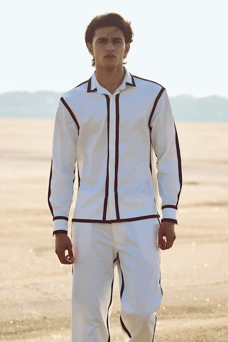 Dash And Dot_White Polyester, Viscose, Lycra Contrast Outline Shirt _at_Aza_Fashions